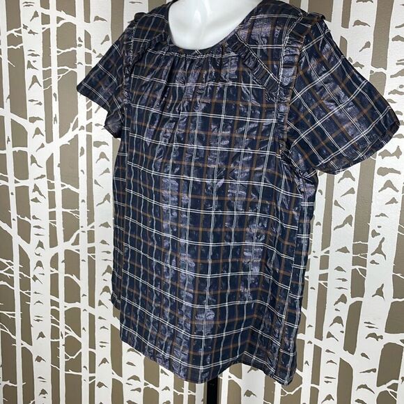 LOFT Metallic Finish Plaid Short Sleeve Blouse NEW L - Picture 3 of 7